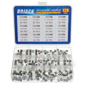 BOJACK 12가지 값 120개 슬로우 블로우 유리 퓨즈 어셈블리 키트 5X20MM 250V T0.5A 1A 1.25A 1.6A 2A 2.5A 3A 3.15A 4A 5A 6.투명 플라스틱 상자에 담긴 10A