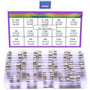 QBGTFAK 250PCS QUICK BLOW GLASS TUBE FUSE ASSORTED KIT 250V FUSES 0.5A 1.5A 2.5A 3A 4A 7A 10A 15A 25A 30A 6X30MM 2A 8A 5X20MM (5X20MM AND 6X30MM)
