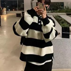 니트 짜임 오버 스타일 긴팔 카라티 남성 스트라이프