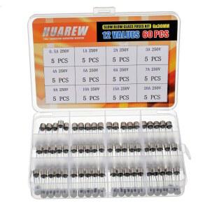 HUAREW 12가지 값 60개입 6X30MM 슬로우 블로우 유리 퓨즈 0.24X1.18인치 250V 전압 T 0.5A 1 2 3 4 5 6 7 8 10 15 20개 세트 키트