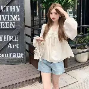 여자 춘하 레이스 블라우스 루즈핏 셔링 긴팔 쉬폰 셔츠