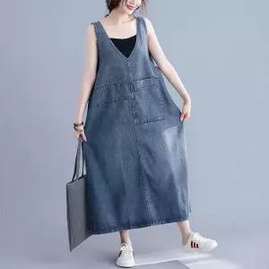 청 빅원피스 데님 조끼원피스 멜빵 라운드넥 데일리룩 편한 롱스커트