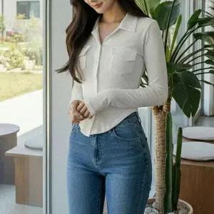 [하프클럽/]여자 간절기 슬림 카라 포켓 긴팔티
