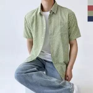 4색상 체크 셔츠 남자 시어서커 루즈핏 상의 남방 데일리 여름 반팔 썸머