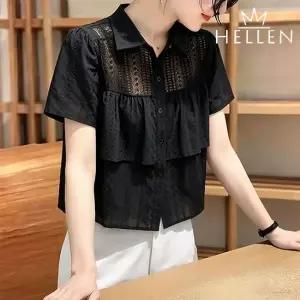 [헬렌] 반소매 펀칭 레이스 블랙 반팔 셔츠 블라우스 여름 프릴 하객룩 레나블랙반팔셔츠 T-324