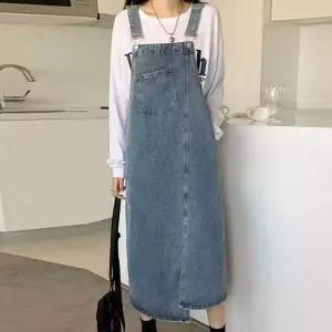 데님 멜빵치마 좌우언발 트렌디 레이어드코디 롱치마 앞트임 캐주얼룩