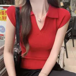 여성 여름 출근 룩 민소매 카라 브이넥 니트 나시