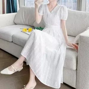 여자 퍼프소매펀칭화이트롱원피스 여성