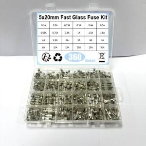 360개/박스 24가지 값 5x20mm 고속 유리 퓨즈 키트 0.2A 1A /250V 보험 튜브 패키지