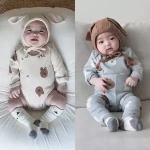 [키즈켈리]깡총 바지 보넷 바디 슈트 / 아기옷 신생아옷 바디슈트 바디수트
