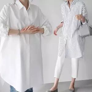 여성 오버핏 셔츠 롱 블라우스 화이트 남방 빅사이즈 스트라이프 봄 가을 데일리룩