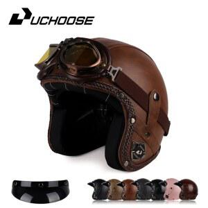 UCHOOSE 레트로 오토바이 헬멧 PU 가죽 오픈 페이스 자전거 헬멧 클래식 Casco Moto 빈티지 3/4 다지기