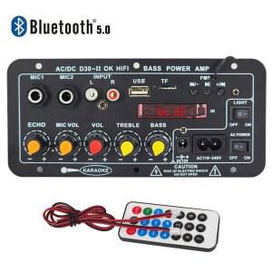 110V 220V 12V 디지털 블루투스 앰프 보드 서브우퍼 듀얼 마이크 가라오케 앰프 스피커 홈 시어터 DIY 30W