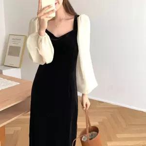 봄 가을 여성 시스루 예쁜 모던 시크 벨벳 롱원피스