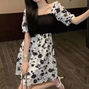 검정 장미 무늬 스퀘어넥 라인 여름 원피스 단정한룩
