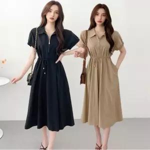 여성 여름원피스 반팔 카라 집업 레이스업 롱원피스