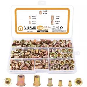 VIGRUE 150pcs 8-32 10-24 1/4 -20 5/16 -18 3/8 -16 탄소강 UNC 리벳 너트 구색 키트 옐로우 아연 도금