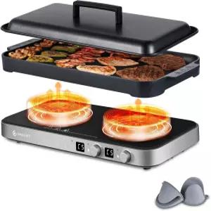AMZCHEF 더블 인덕션 쿡탑 1800W 2버너 및 그리들 팬 포함 그레이 논스틱 분리형 세라믹 유리 표면 2개의