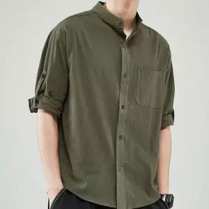 데일리 캐주얼 남성 여름 차이나 카라 린넨 7부 셔츠 스트라이프