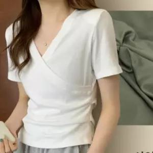 여성 브이넥 티셔츠 무지 반팔티 스판 랩 셔링 핏 데일리