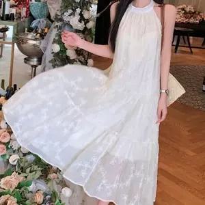 (올핀)플라워 자수 홀터넥 롱원피스 A라인 뒷리본