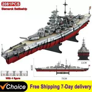2081pcs 군사 WW2 비스마르크 전함 대형 보트 크루저 모델 무기 빌딩 블록 MOC 군함 세트 선물 용품