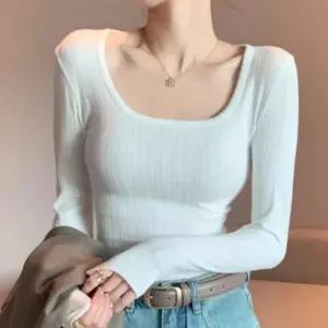 여성 간절기 데일리 골지 주름 U넥 시크 긴팔 티셔츠