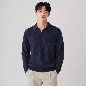 남성 오픈카라 케이블 니트 긴팔 스웨터 데일리 캐주얼