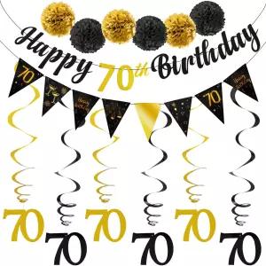 남녀 공용 70세 생일 파티 장식 키트 블랙 골드 배너 가랜드