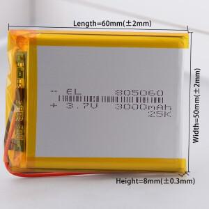 SH1.0mm 2핀 805060 3.7V 3000mAh 충전식 리튬폴리머 리튬이온 배터리