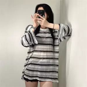 여성 여름 시스루 스트라이프 티 긴팔 티셔츠 2color