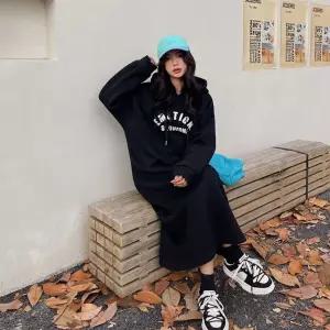 이모션 기모 후드 롱 캐주얼 원피스 데일리 베이직