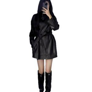 팽블몰 여성 빈티지 블랙 가죽 코트 가을 스트랩 오버핏 하프