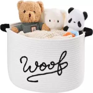 Woof 강아지용 장난감 바구니 핸들 포함 대형견용 상자 발자국이 있는 직물 담요 물어뜯기 반려동물 보관함