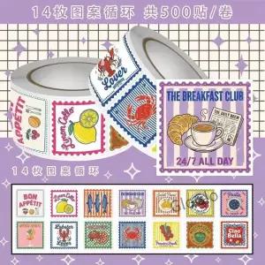 500pcs/롤 레트로 스탬프 음식 만화 스티커 DIY 스케이트보드 노트북 기타 전화 자동차 씰 라벨 데칼 장식