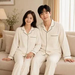 비비안 럭셔리무드 프리미엄 크림 솔리드 커플 파자마 세트 W8914A MP8914A