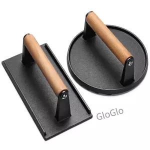 주철 그릴 프레스 베이컨 스테이크 샌드위치 웨이트드 미트 나무 손잡이 바베큐 액세서리 주방 도구