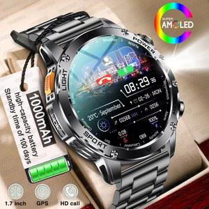 2025 남성용 1.7인치 AMOLED 화면 스마트 워치 1000mAh 배터리 심박수 블루투스 통화 NFC GPS 트래커 스포츠 피트니스 시계 신제품