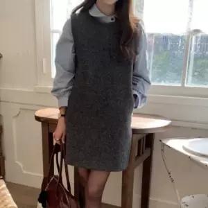 친절한탄씨 모직 민소매 미니 원피스 여성용 하객룩 레이어드 원피스 가을 겨울 모직 치마 브이넥