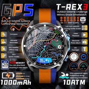 2025년 신형 남성용 군용 GPS 지도 스마트워치 T-Rex3 나침반 4GB 메모리 1000mAh 배터리 10ATM 방수 HD 블루투스 통화 스마트워치