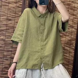 여름 얇은 린넨 반팔 면셔츠 심플 무지 카라넥 블라우스 루즈핏 캐주얼 여성 상의 빅사이즈