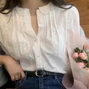 여성 긴팔 셔츠 퍼프 레이스 펀칭 가디건 블라우스