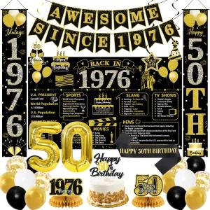 Roetyce 50번째 생일 파티 장식 블랙 골드 1976 포스터