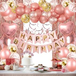 로즈골드 생일 파티 장식 배너 커튼 하트 별 풍선 세트
