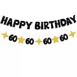 60번째 생일 파티 배너 글리터 블랙 골드 장식 남녀공용