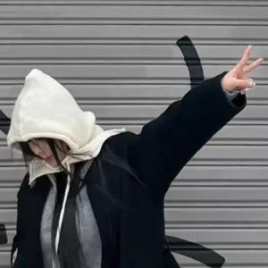 끈달린 여성 후드넥워머 바라클라바 겨울워머 니트 아이보리