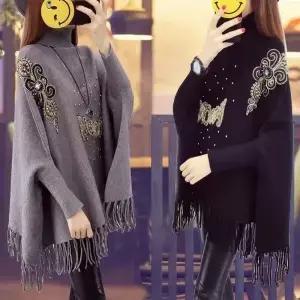 여성용 터틀넥 판초 용수철 겨울 점퍼 니트 스웨터 케이프 따뜻한 풀오버 망토 세련된 자수 숙녀 숄 상의