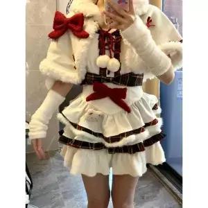 사랑스러운 겨울 달콤한 나이 감소 활 망토 코트 소매 색상 대비 패치워크 서스펜더 퐁파두르 스커트 세트