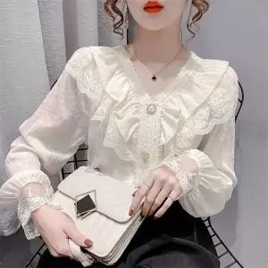 여성 봄 가을 블라우스 공주풍 레이스 장식 브이넥 쉬폰 셔츠 긴팔 데일리룩 달콤한 스타일 패션옷 K78