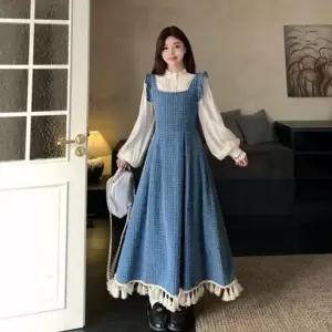 친절한탄씨 L26600 프릴 수술 롱 멜빵 청 원피스 점프수트 빅가 원피스 빅사이즈원피스 멜빵 여성원피스